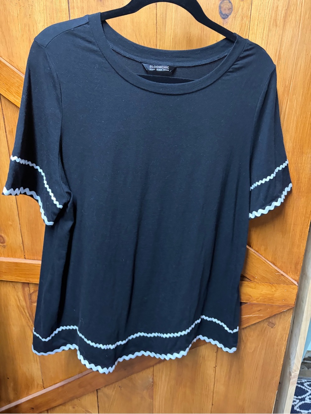 BloomChic Black Short Sleeve Tee with White Ric Rac Trim